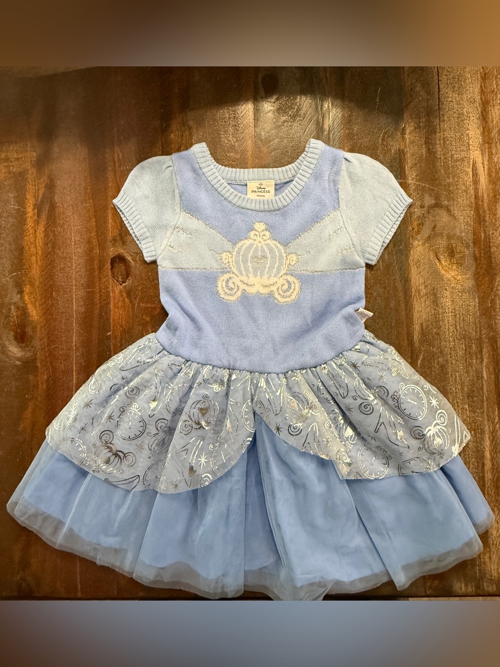 Disney Girls Size Princess Cinderella Blue Sweater Tulle Dress Silver Carriage E